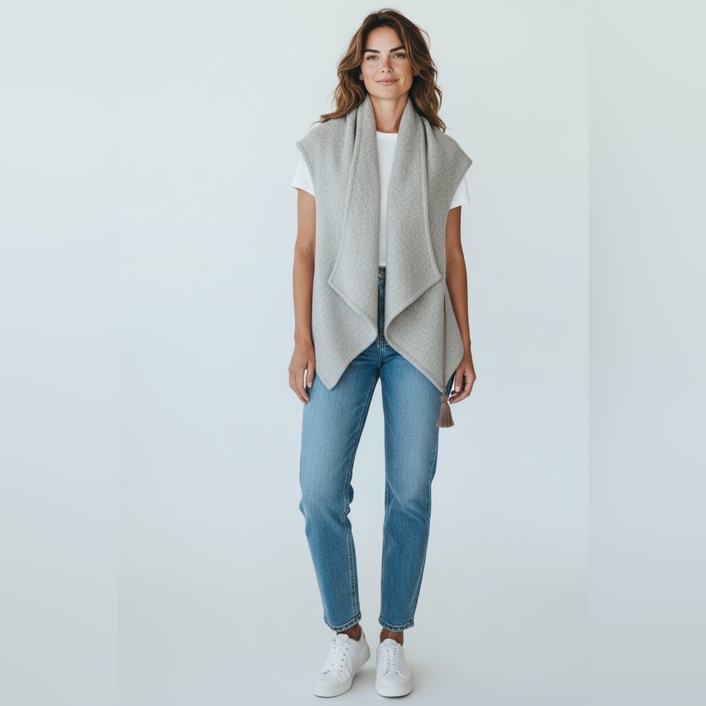Elegant Gray 100% Wool Women's Poncho with tassels SZ:OS